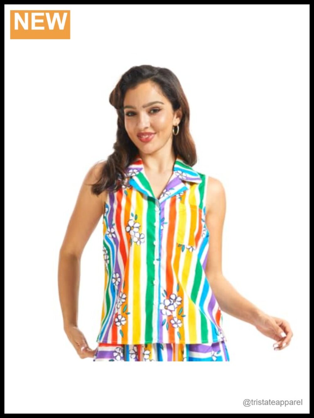 Sleeveless Cotton Camp Collar Button Up Blouse with Chest Pocket